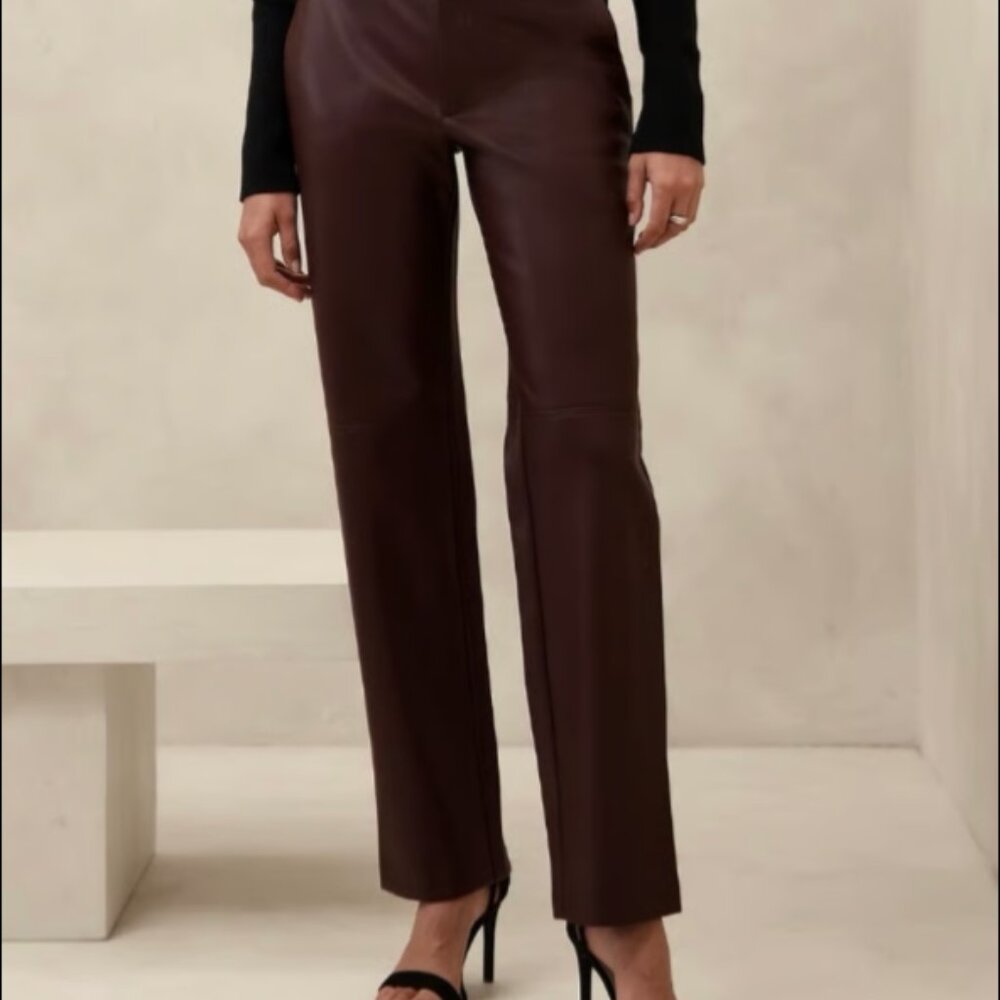 Banana Republic Soft Vegan Leather Dark Almond Brown Edgy Straight Pants (SZ 14)